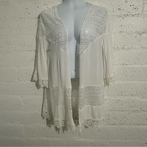 Moral Fiber Womens Cardigan L Cream 100% Rayon Open Front Lace Kimono Jacket AW - Picture 1 of 6